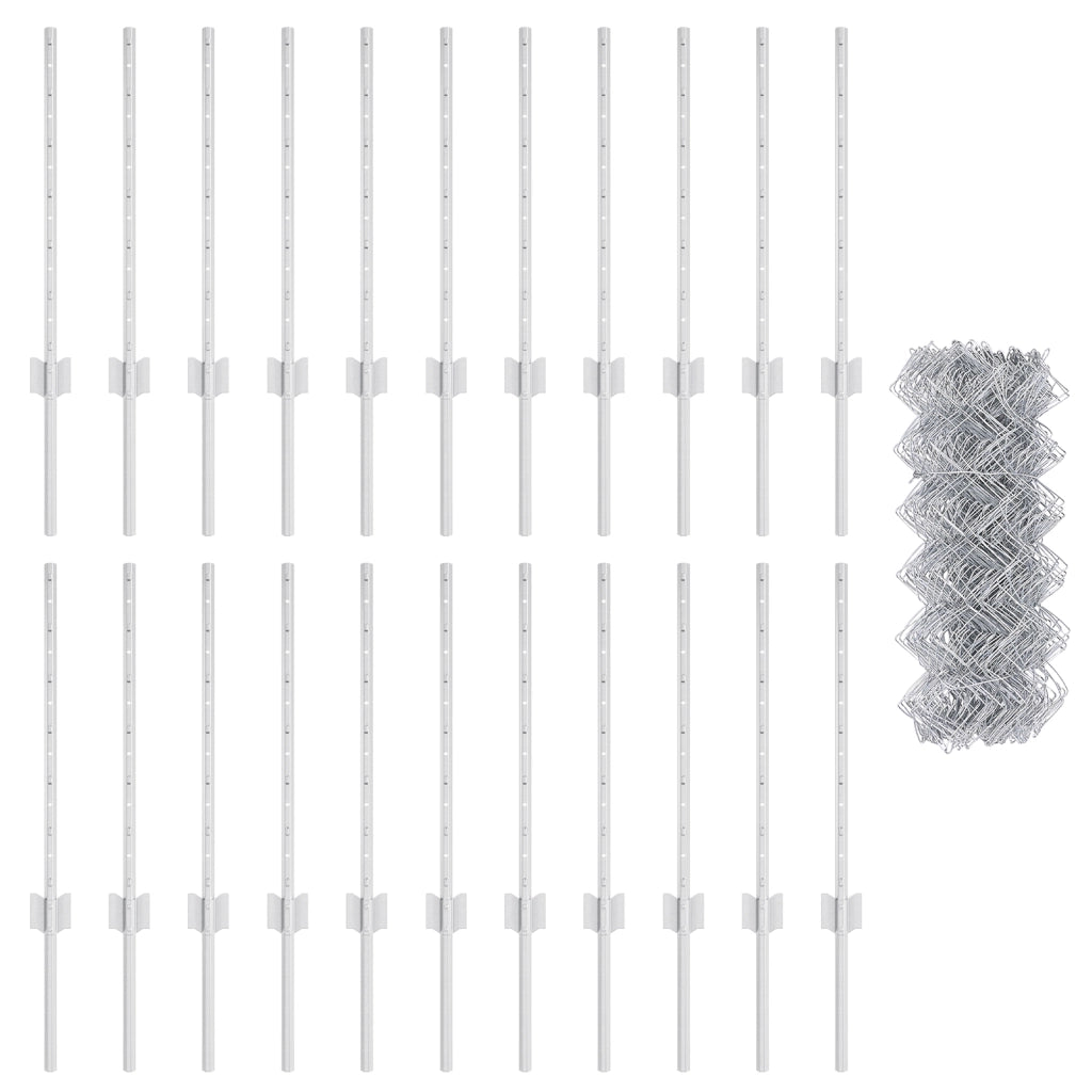 Recinzione a Maglie Metalliche con 22 Pali U Argento 0.6x25 m in Acciaio