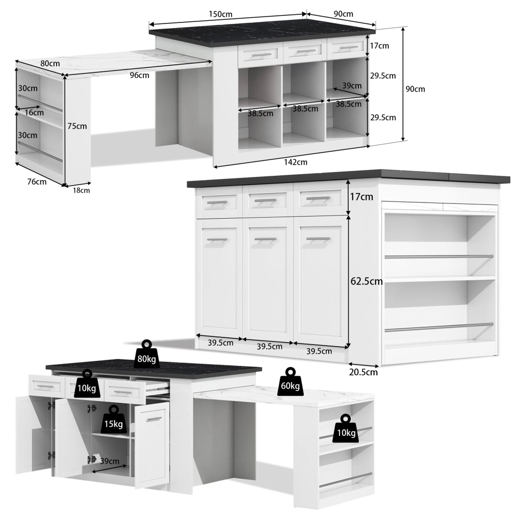 Isola da Cucina 150/246x90x90 cm con Tavolo Estraibile 96 cm; Piano Effetto Marmo; 6 Cassetti e Ripiani