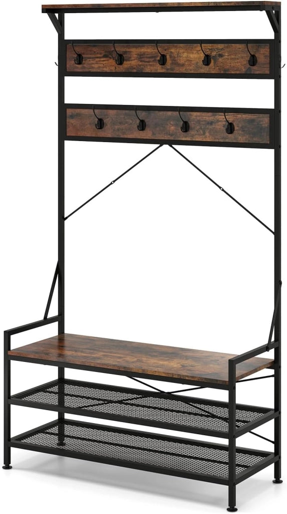 Porta Abiti 4-in-1, Albero da Ingresso Autoportante con Scaffale per Scarpe e 11 Ganci, Struttura in Metallo e Kit Antiribaltamento, Organizzatore per Soggiorno Industriale con Panca (Marrone)