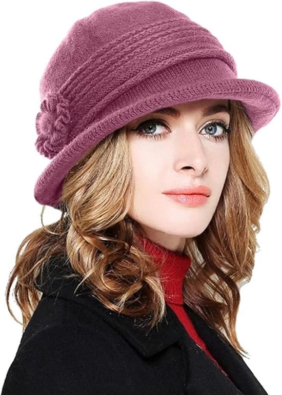 Muffa calda per donne, cappello di lana elegante e soffice, cappello vintage con motivi floreali, cappello classico invernale, cappello di lana senza bordo, modello Fuchsia