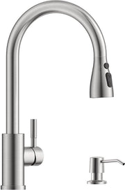 Apparecchio da cucina con dispenser sapone, rubinetto da cucina estraibile ad alta pressione, rubinetto da cucina con dispenser sapone, rubinetto da cucina a un giro con 3 tipi di getto | In acciaio inossidabile sbalzato