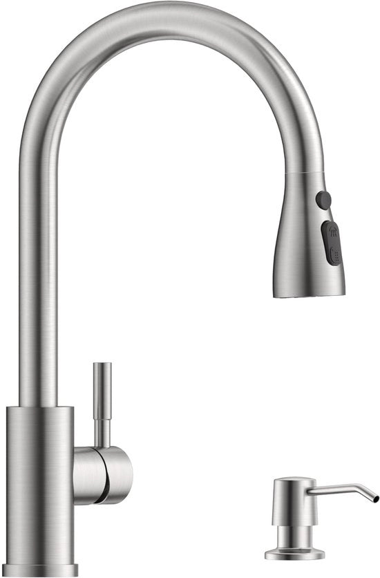 Apparecchio da cucina con dispenser sapone, rubinetto da cucina estraibile ad alta pressione, rubinetto da cucina con dispenser sapone, rubinetto da cucina a un giro con 3 tipi di getto | In acciaio inossidabile sbalzato