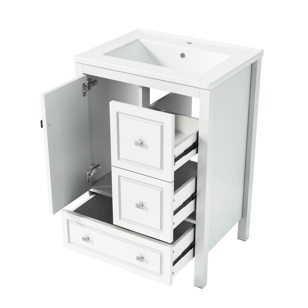 Mobile sottolavabo da bagno con lavabo in ceramica 1 anta e 3 cassetti per bagno in MDF e ceramica bianco 62 × 47 × 90 cm