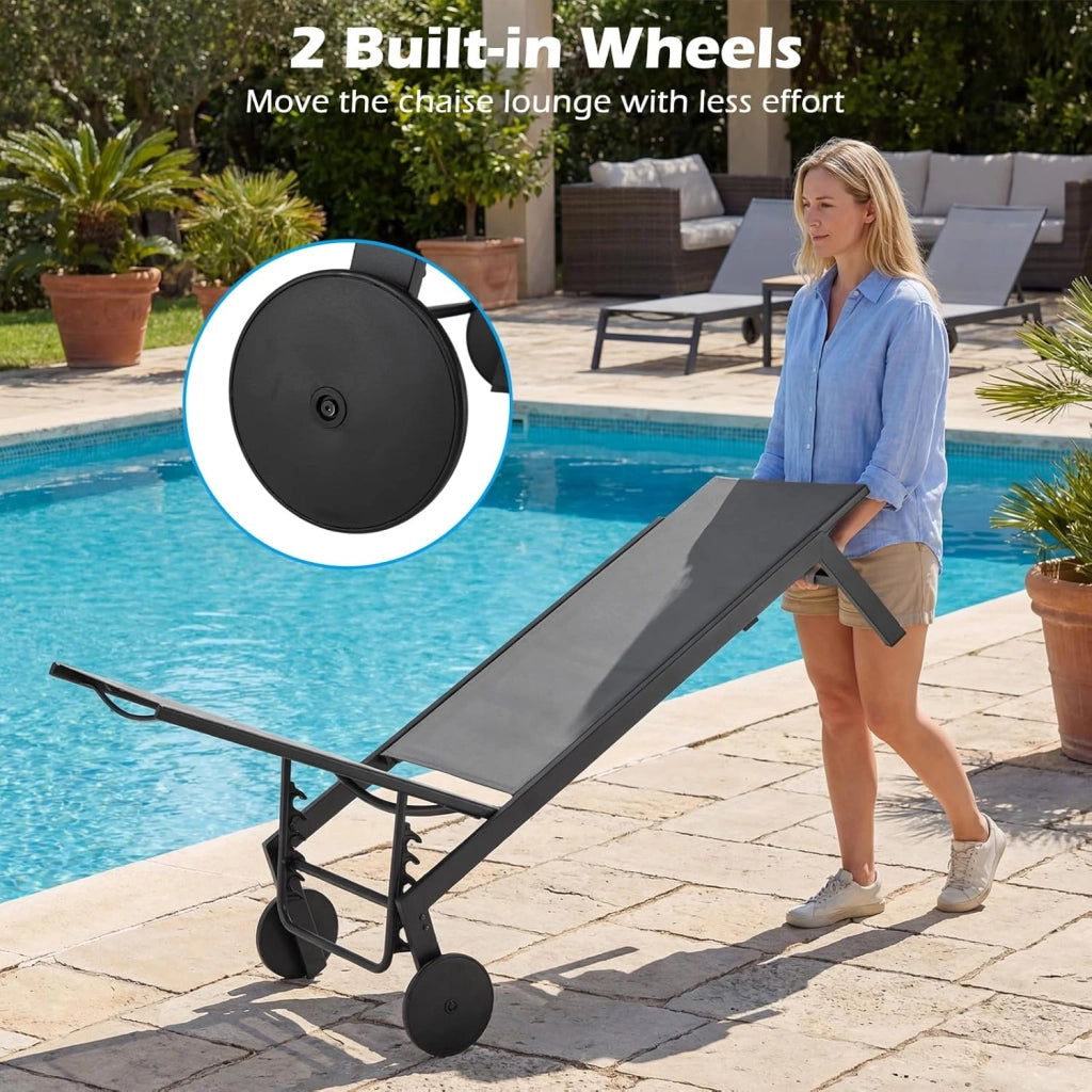 Set di 2 Sdraio da Giardino Reclinabili, Sedia da Abbronzatura Piatta in Metallo Resistente con Schienale 6 Posizioni e Tessuto Traspirante, per Bordo Piscina e Terrazza (Grigio,2)
