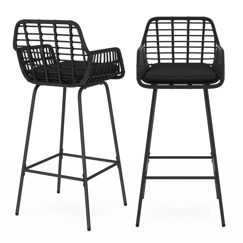 IDMarket - Set di 2 sgabelli da bar SUMMER con braccioli effetto rattan nero e gambe in metallo nero