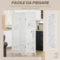 Separé Paravento da Interni Pieghevole a 3 Pannelli in Legno Intagliato, 120x170cm, Bianco