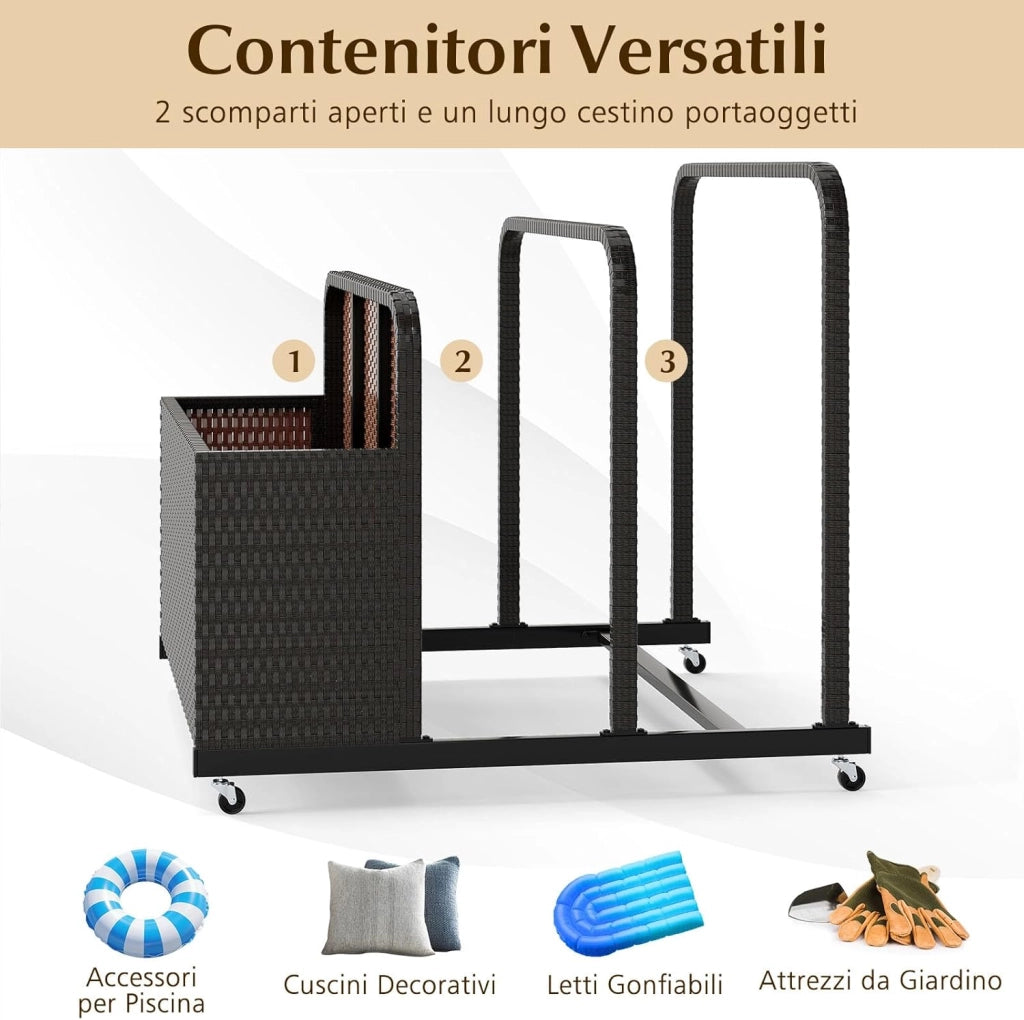 Carrello Archiviazione per Piscina in Rattan PE, Contenitore Esterno Impermeabile con 2 Portasciugamani e 4 Ruote, Portacoperte Giardino per Boe, Salvagenti, Cuscini e Asciugamani (Marrone)