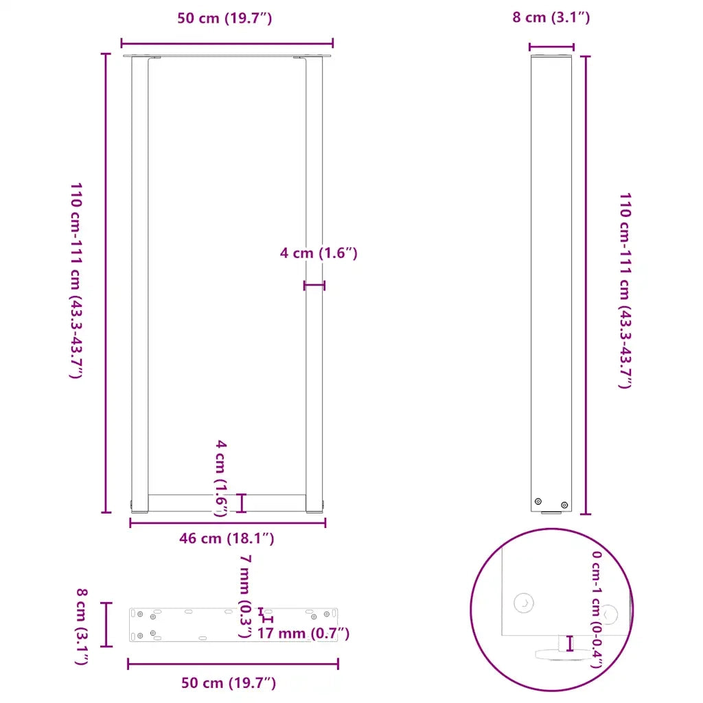 Gambe per tavolo da bar a forma di U 2 pz nere 50x(110-111) cm in acciaio 4013244