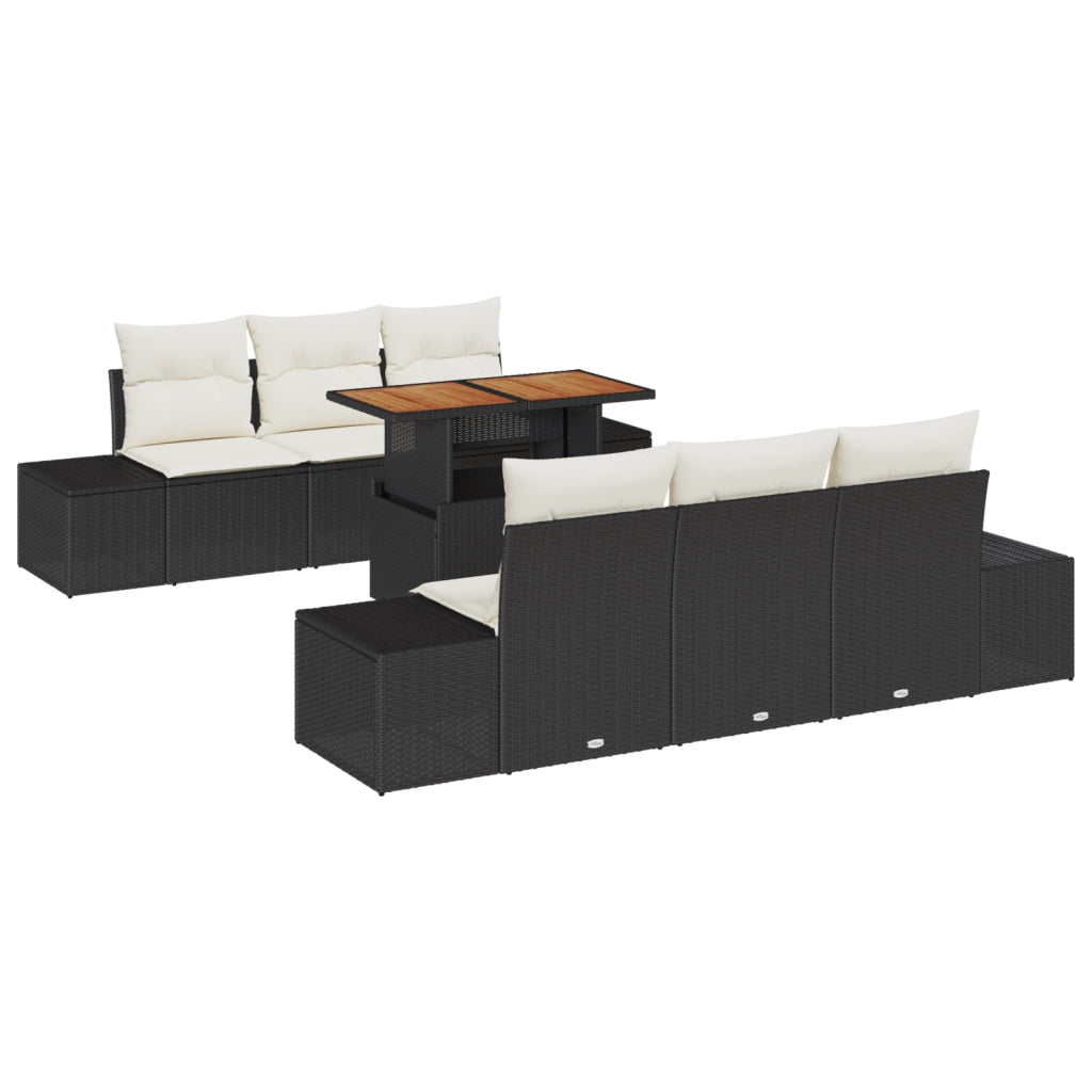 Set da pranzo da giardino 7 pezzi con cuscini in rattan polietilene nero e acacia