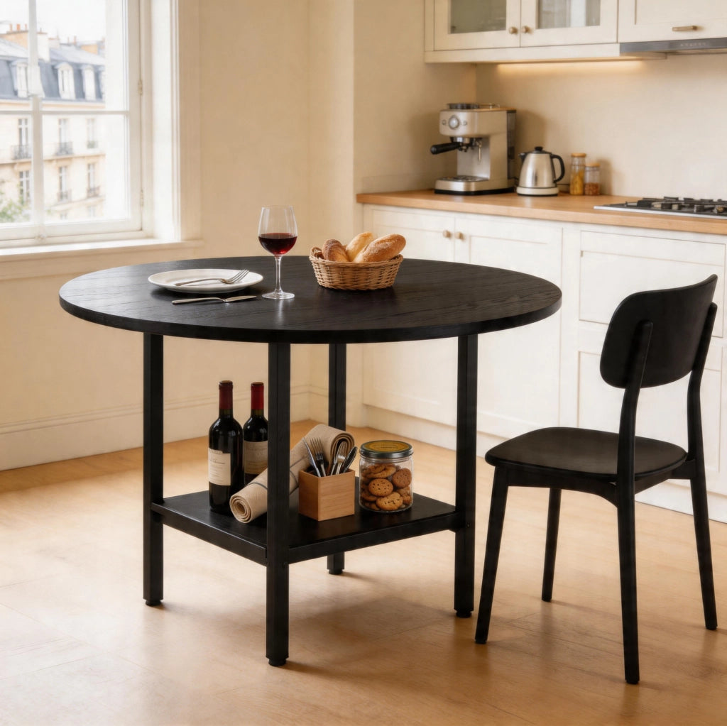 Tavolo da pranzo rotondo Ø100 cm con ripiano, nero
