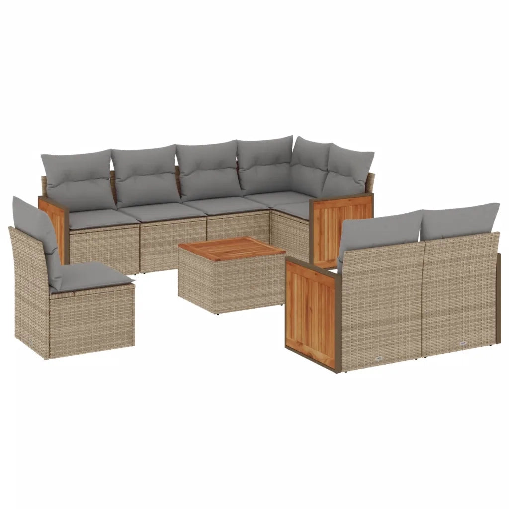 Set Divano da Giardino 9 pz con Cuscini Beige in Polyrattan