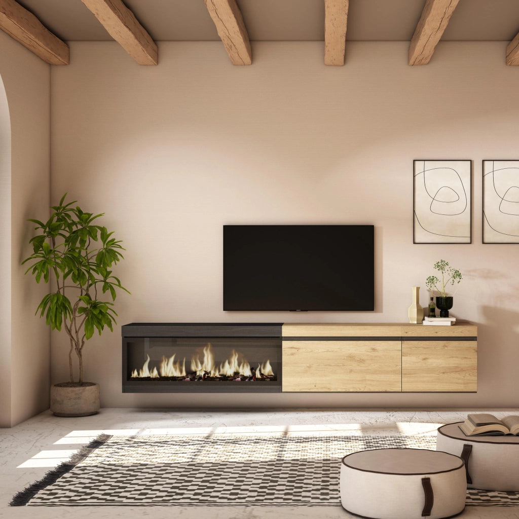 Mobile TV Soggiorno, 237x35x45cm, TV di grande formato, Camino elettrico XXL, da appendere, colore Rovere e nero RF3583