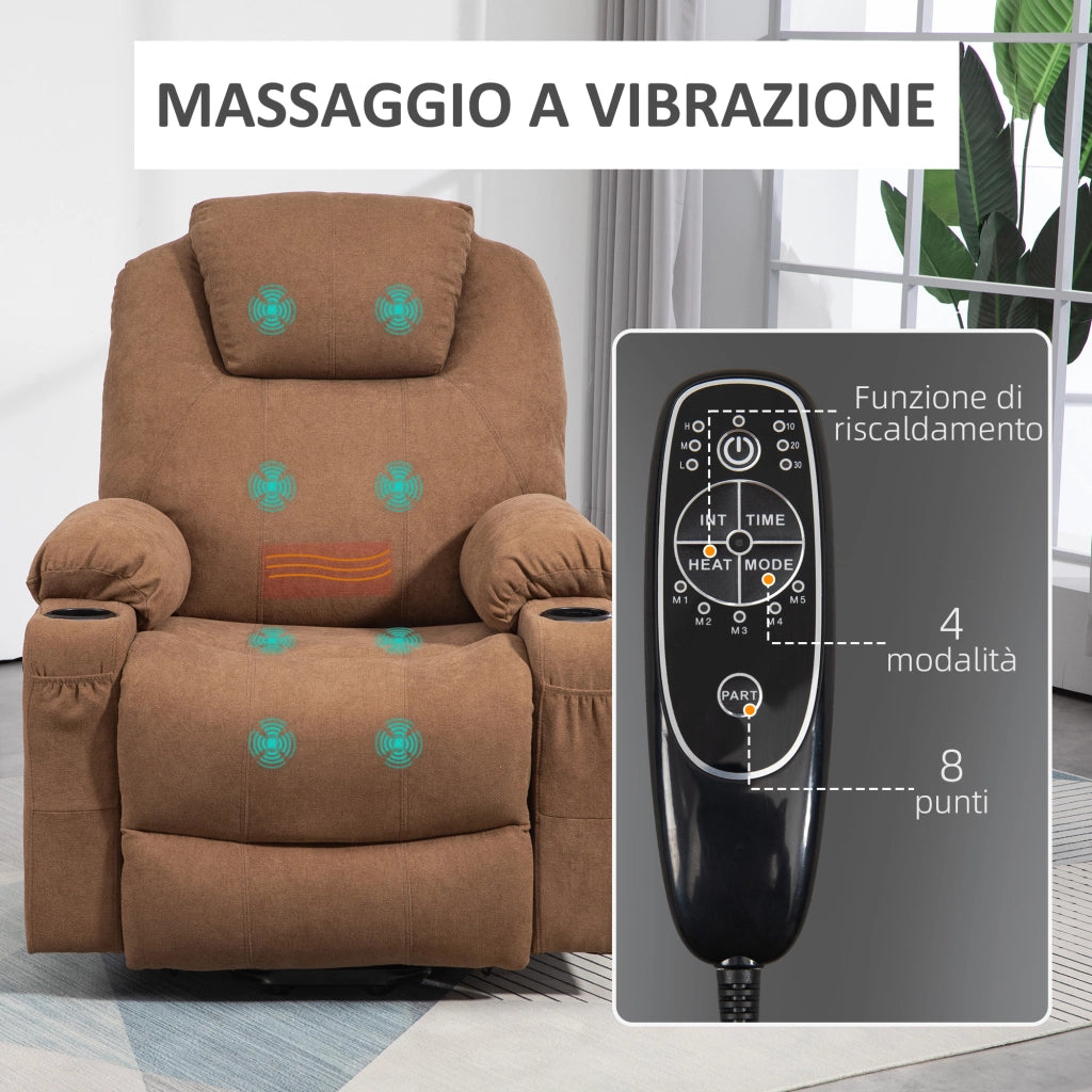 Poltrona Alzapersona Massaggiante a 8 Punti con Telecomando, in Tessuto Effetto Lino, 90x101x107 cm, Caff¨¨