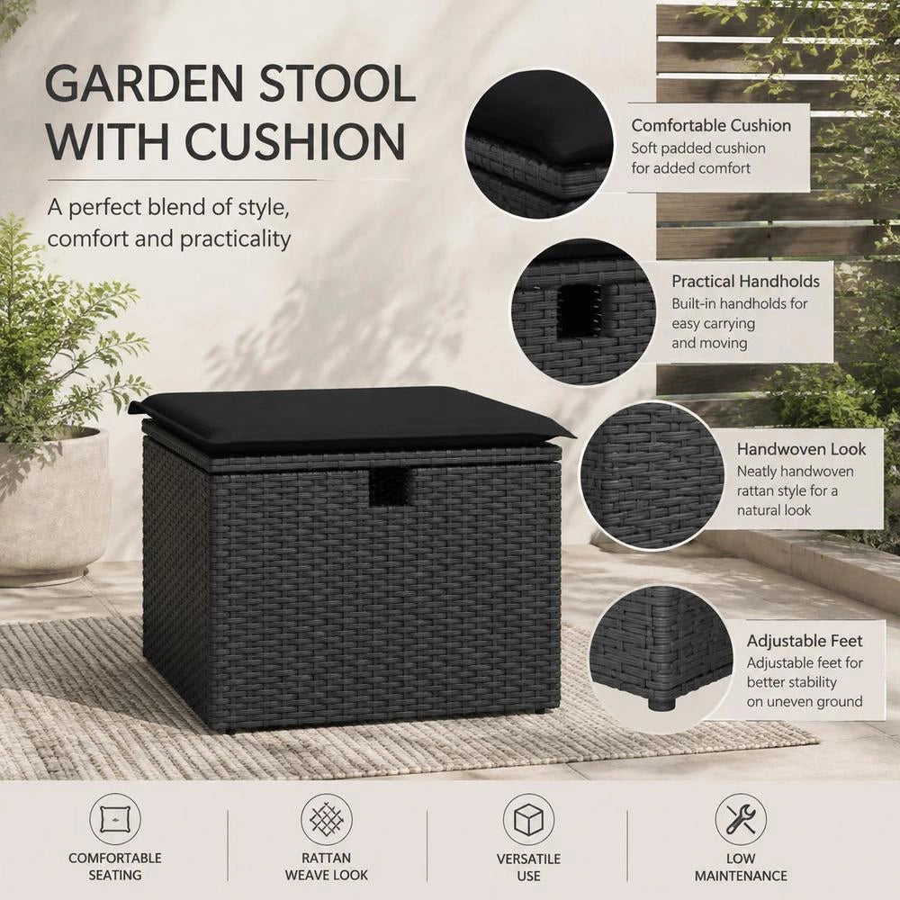 Garden Stool With Cushion, Black, 55x55x37 Cm, Poly Rattan