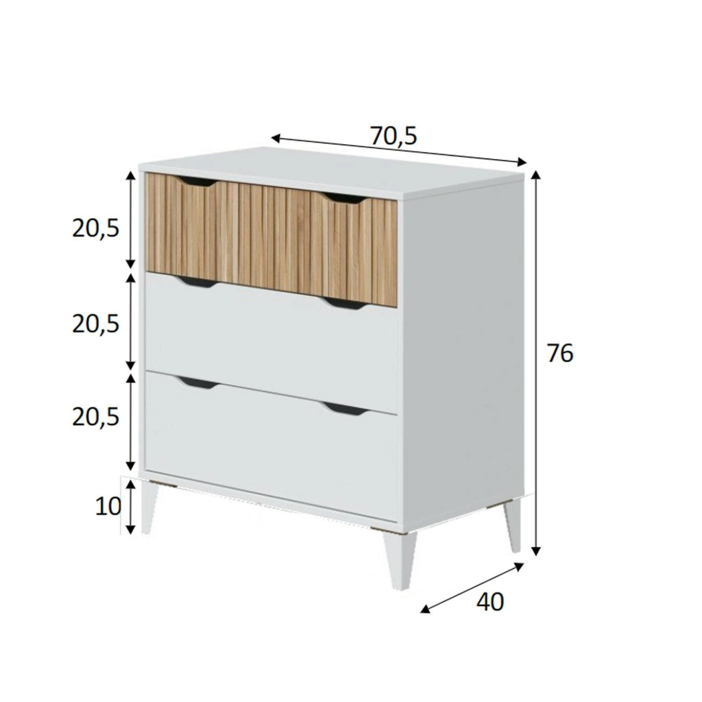 Cassettiera Archi, Settimino multiuso, Comò camera da letto, Mobile con cassetti, 71x40 h76 cm, Bianco e Rovere