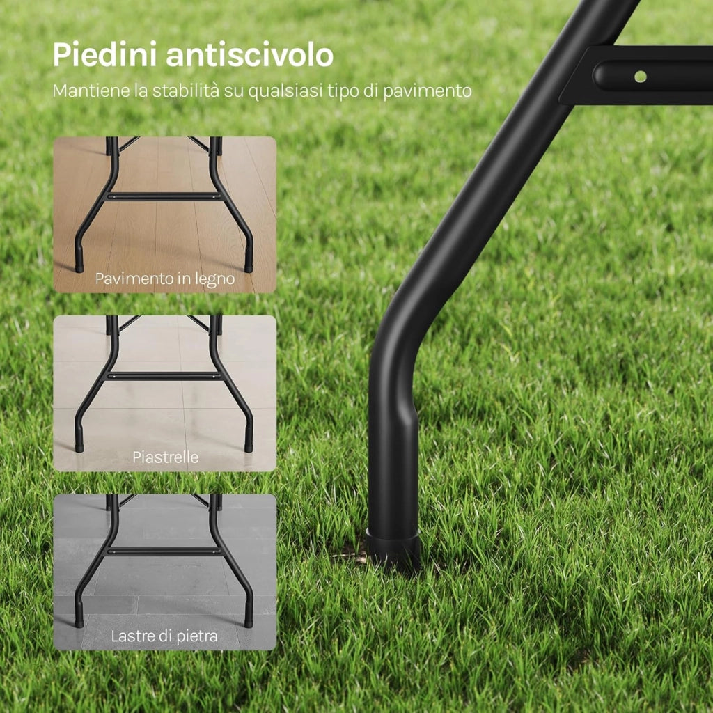 Tavolino Pieghevole Rettangolare, 180x74x74 cm, Tavolo da Esterno per 8 Persone, Richiudibile e Portatile per Giardino, Balcone e Campeggio, HDPE, Effetto Legno, Nero