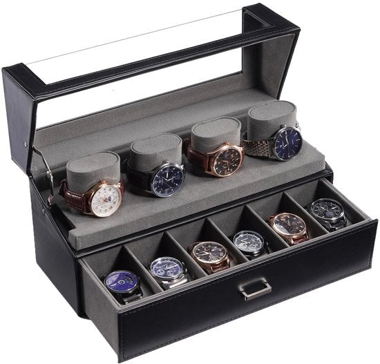 Cassa orologio 2 strati, cassa orologio orologio per uomo, cassa orologio cassa orologio con 10 cuscinetti orologio, cassa orologio orologio con display - Nero