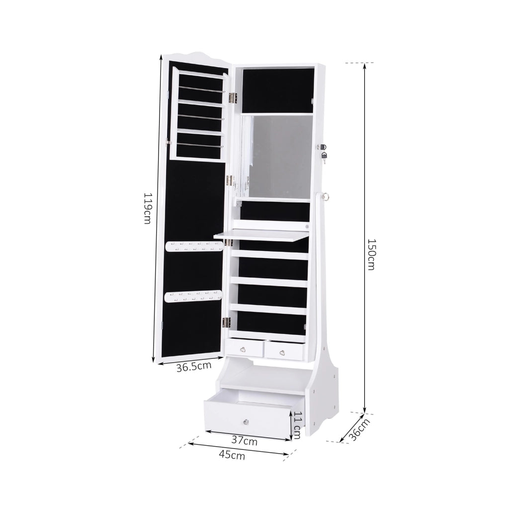 EasyComfort LED Portagioie Armadio per Gioielli con Specchio con Base a Cassettiera cassetto Organizzatore Gioielli e Accessori 45x36x150 cm