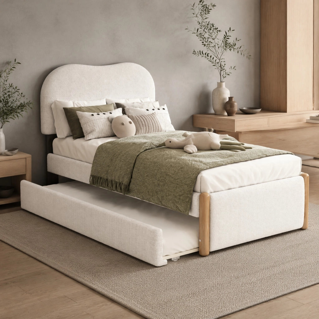 Letto imbottito 90x200 cm bianco con letto estraibile e design essenziale