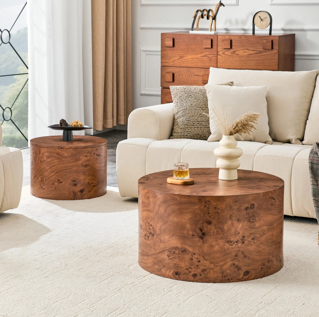 Set di 2 tavolini da caffè; con vano interno e coperchio rimovibile; in MDF effetto legno marrone