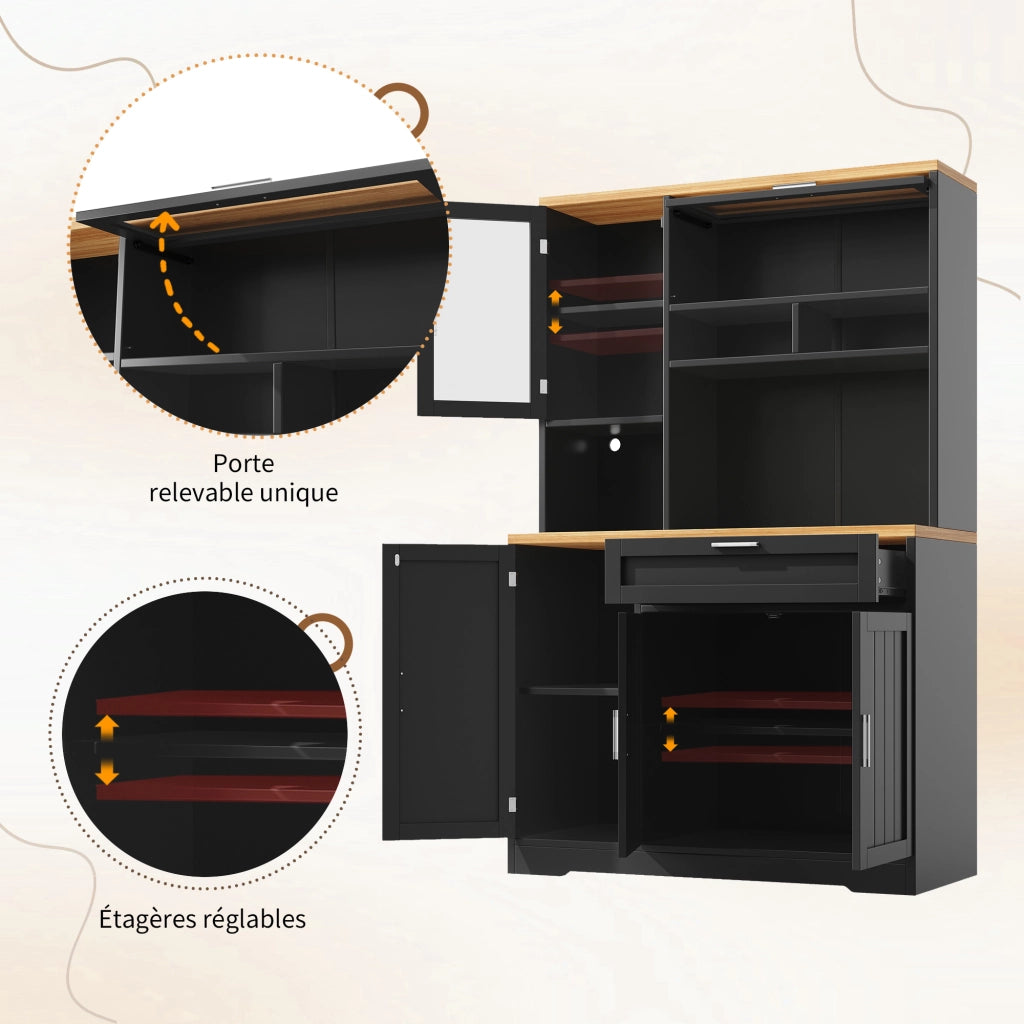 Credenza Alta da Cucina Vetrina con 5 Ante e 1 Cassetto; LED USB; in MDF e Metallo; Nero; 104x40x180 cm
