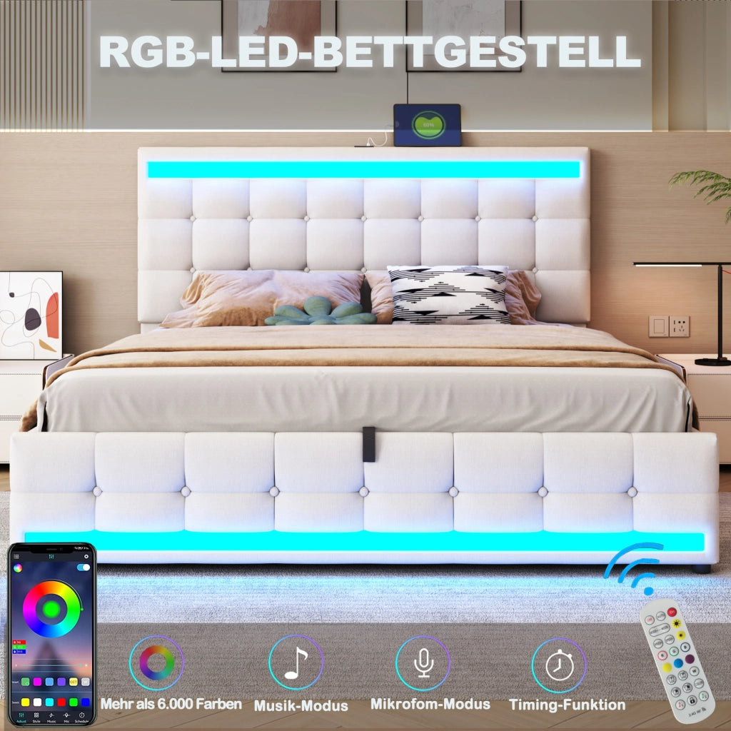 DESMIU Letto Imbottito 180 × 200 cm 2 posti con USB, LED regolabile e testiera regolabile, senza materasso, beige