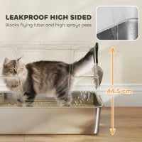 Lettiera per Gatti in Acciaio Inox XL con Coperchio Ribaltabile Laterale Alto Pala Facile da Pulire Antifughe Grigio Chiaro