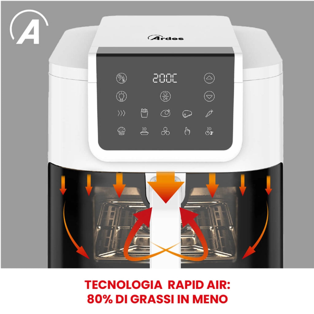 Friggitrice ad aria multifunzione Infinity capacità 8 litri display digitale 10 programmi finestra con luce interna potenza 1700 watt bianco Ardes
