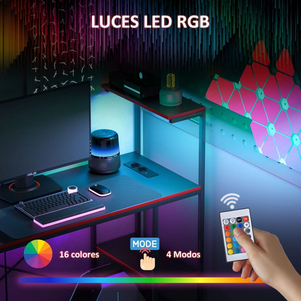Scrivania Gaming con LED e Prese ¨C Xylo ¨C Fibra di Carbonio Nero 110x50 cm