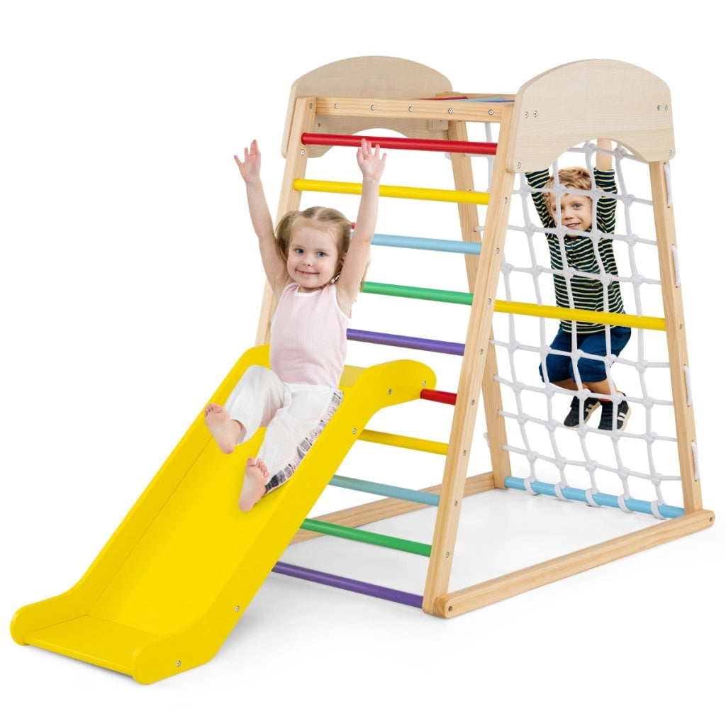 Set gioco da arrampicata in legno con ancoraggi al pavimento, Parco giochi con rampicata a doppia faccia Colorato-Arrampicate e scivoli