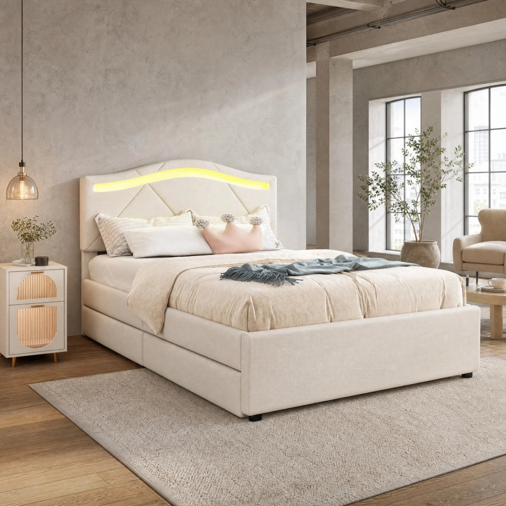 LETTO imbottito 90x200 cm con LED e 2 cassetti, lino beige