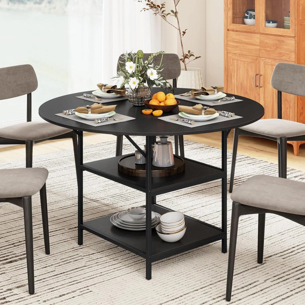Tavolo da Pranzo Rotondo Ø 120 cm, adatto per 4-6 Persone, con 2 Ripiani, Piano Effetto Legno e Struttura in Metallo, Stile Industriale, Ideale per Cucina e Sala da Pranzo