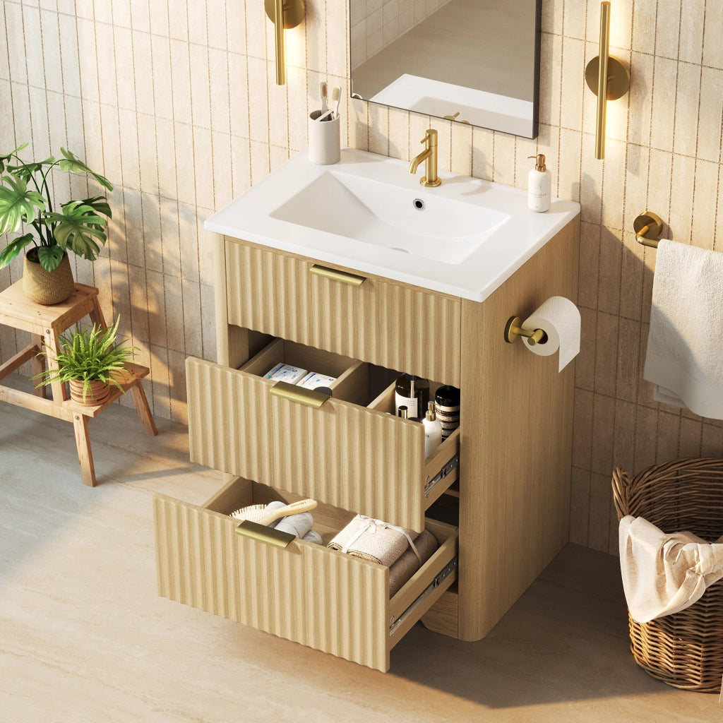 Mobile da bagno con lavabo in ceramica, cassetti portaoggetti, portarotolo, maniglie in metallo, senza rubinetto, color legno naturale