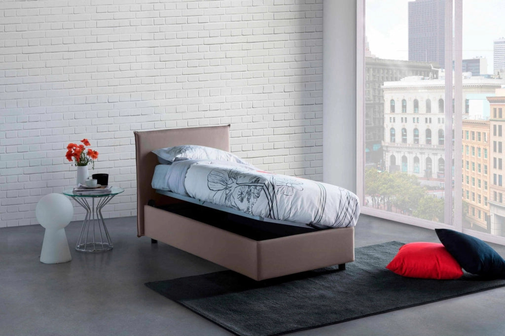 Letto singolo Acuila, Letto contenitore con rivestimento in tessuto, Made in Italy, Apertura laterale, adatto per materasso cm 80x190, Tortora