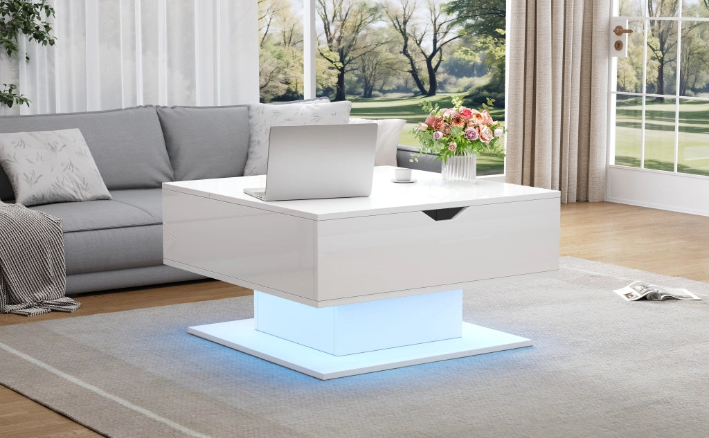 TAVOLO Caffè alzabile 80x75x40 cm Bianco con LED e vano contenitore