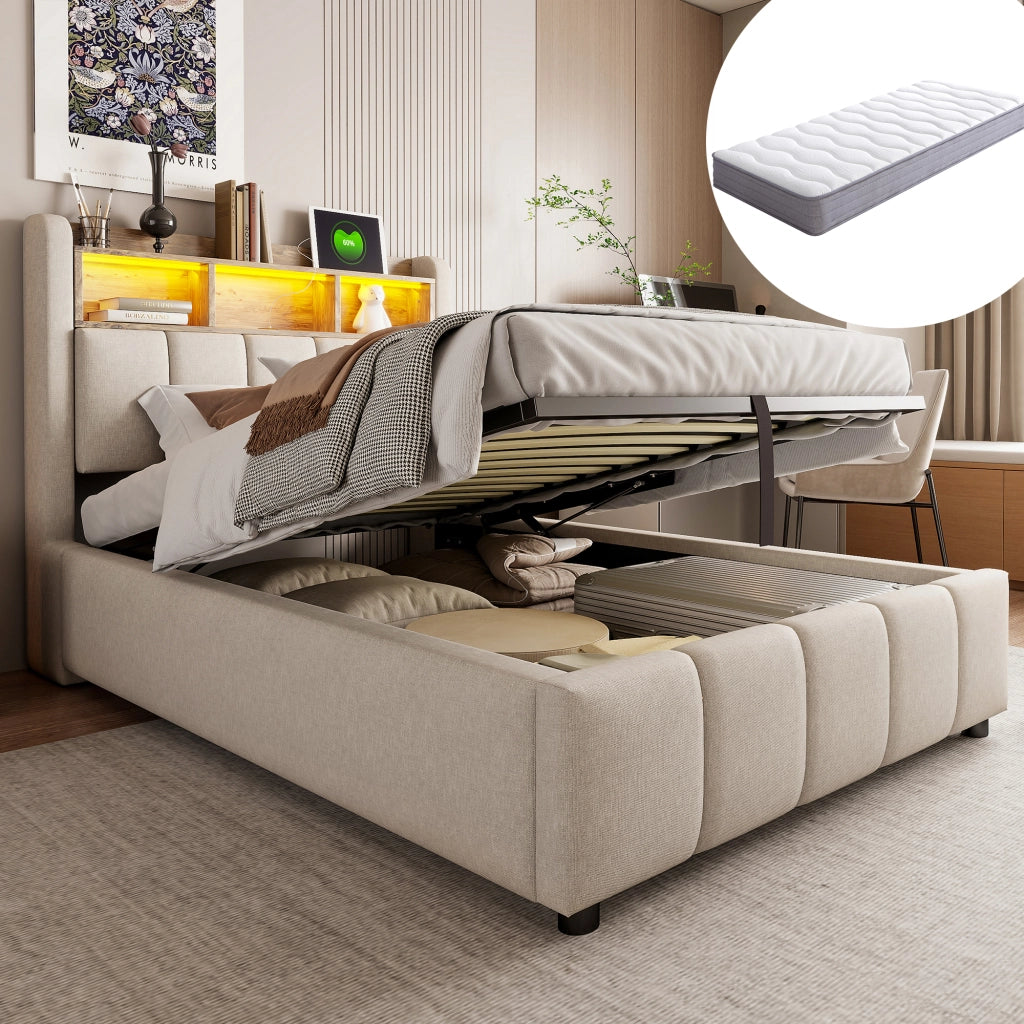 Letto imbottito singolo 90×200 cm con LED; USB e Type-C; contenitore idraulico; materasso incluso; beige