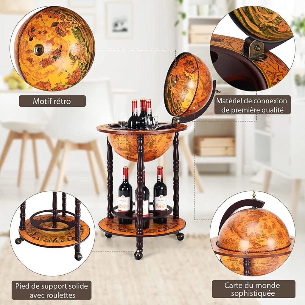 Mappamondo Bar con Ruote Mobile Porta Liquori, con Stile Retrò (Marrone 47 x 47 x 90 cm)