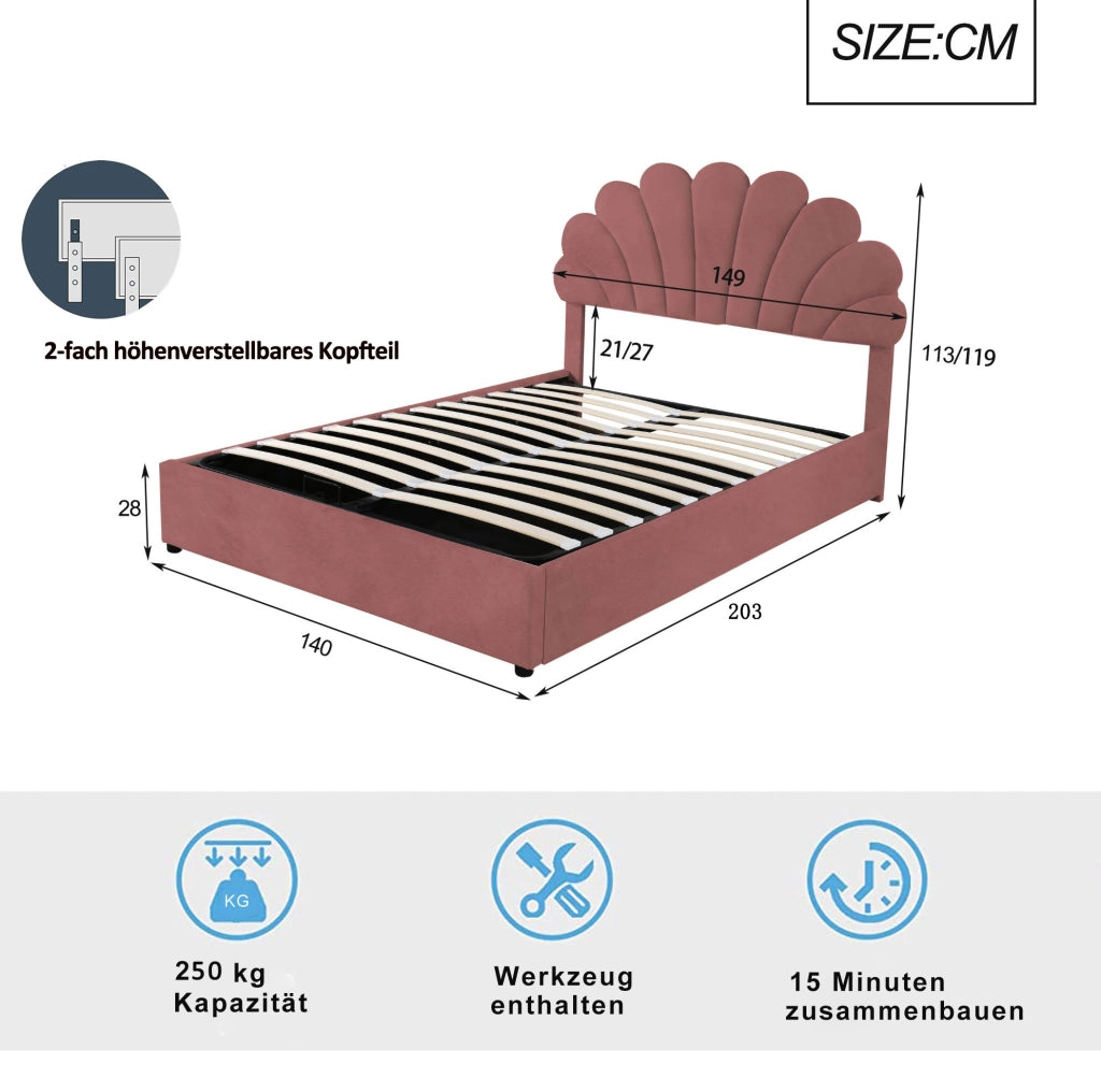 Letto matrimoniale imbottito 140x200 cm rosa con vano contenitore