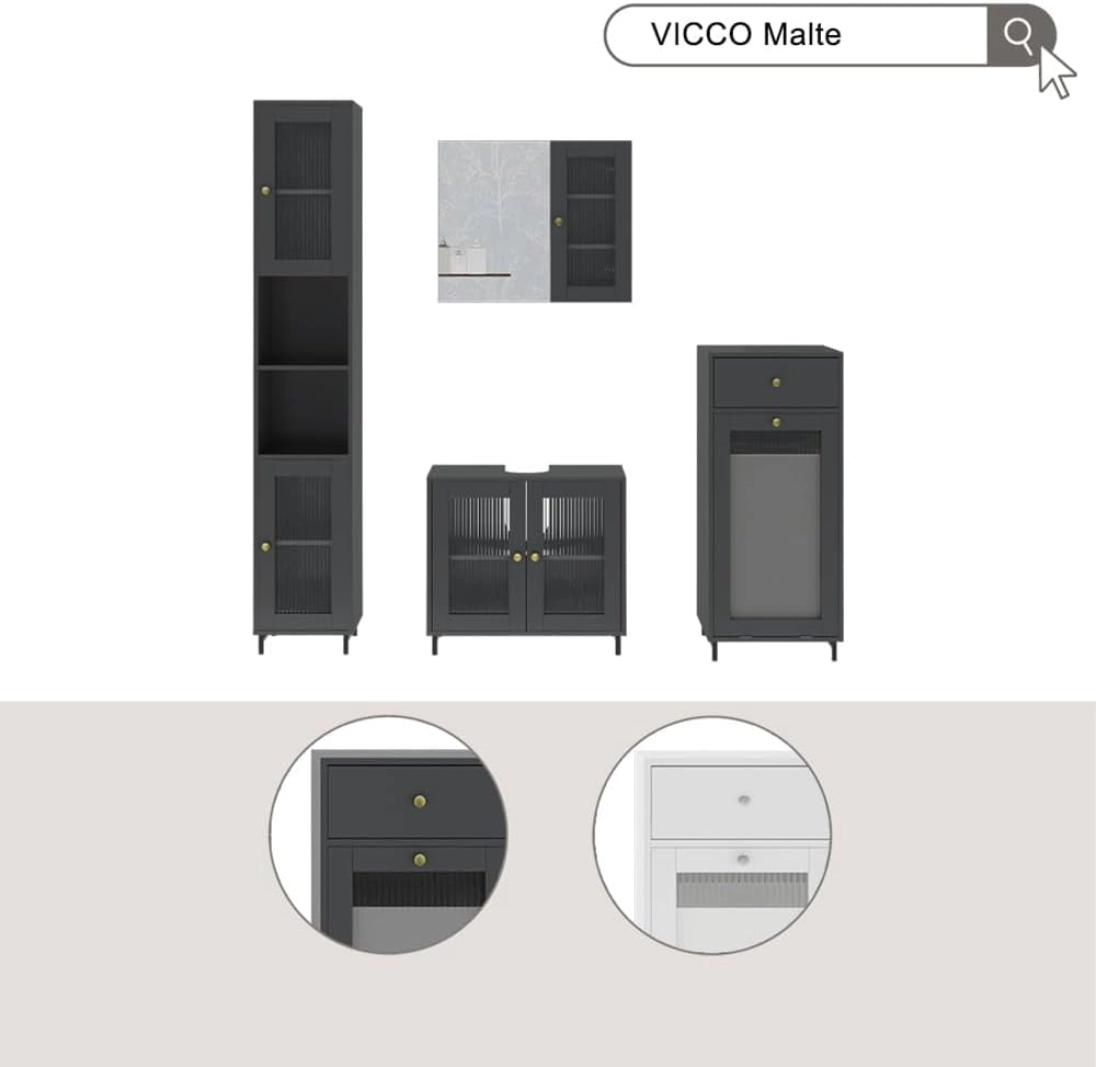 Mobile a specchio per il bagno Malte, Grigio, 60 x 50 cm con specchio, per la conservazione di accessori da bagno e combinabile con Malte