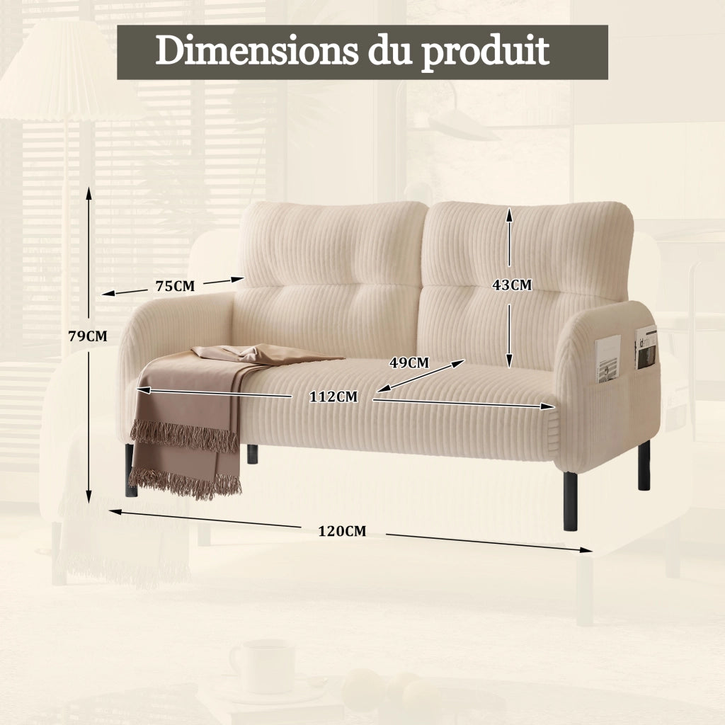 Divano 2 Posti con Schienale Ergonomico e Tasca Laterale; in Velluto a Coste; Beige; 120 × 75 × 79 cm