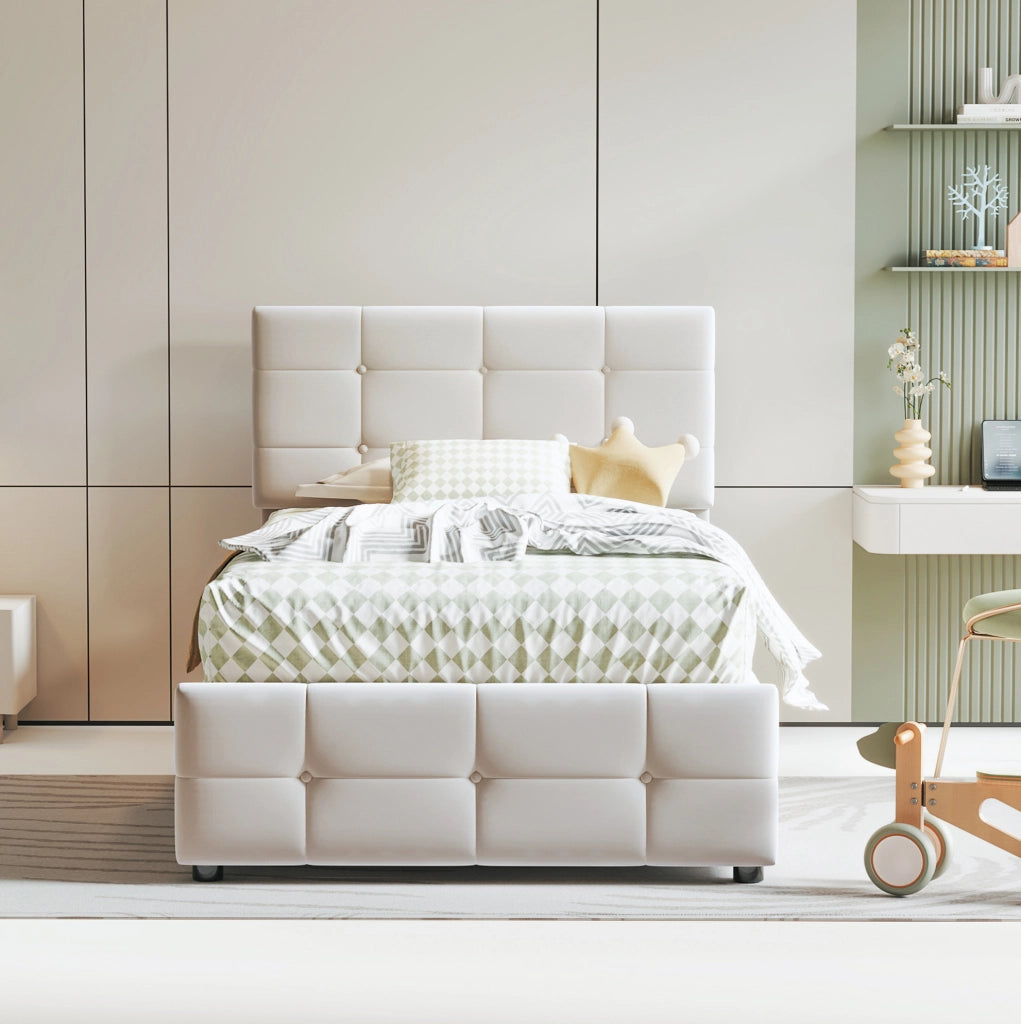 Letto imbottito bambini 90x200 cm; contenitore idraulico; velluto beige (Senza materasso)
