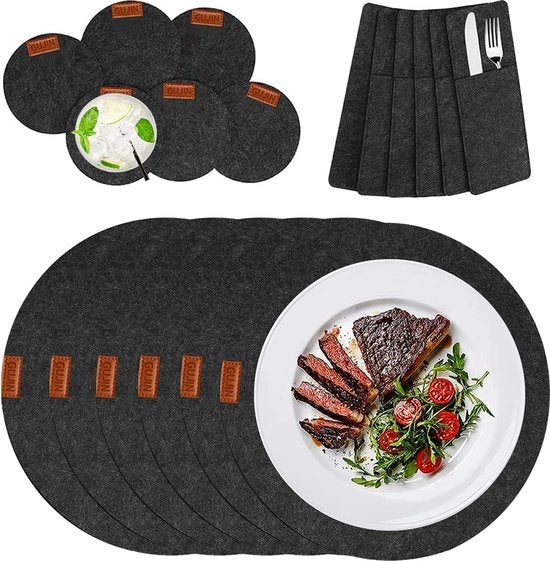 Set di 18 piatti di protezione per tavolo in velluto, lavabile, resistente al calore, piedini di vetro, sacchetti per posate, antiscivolo, per uso domestico, cucina, ristorante, hotel, 34 x 34 cm, antracite