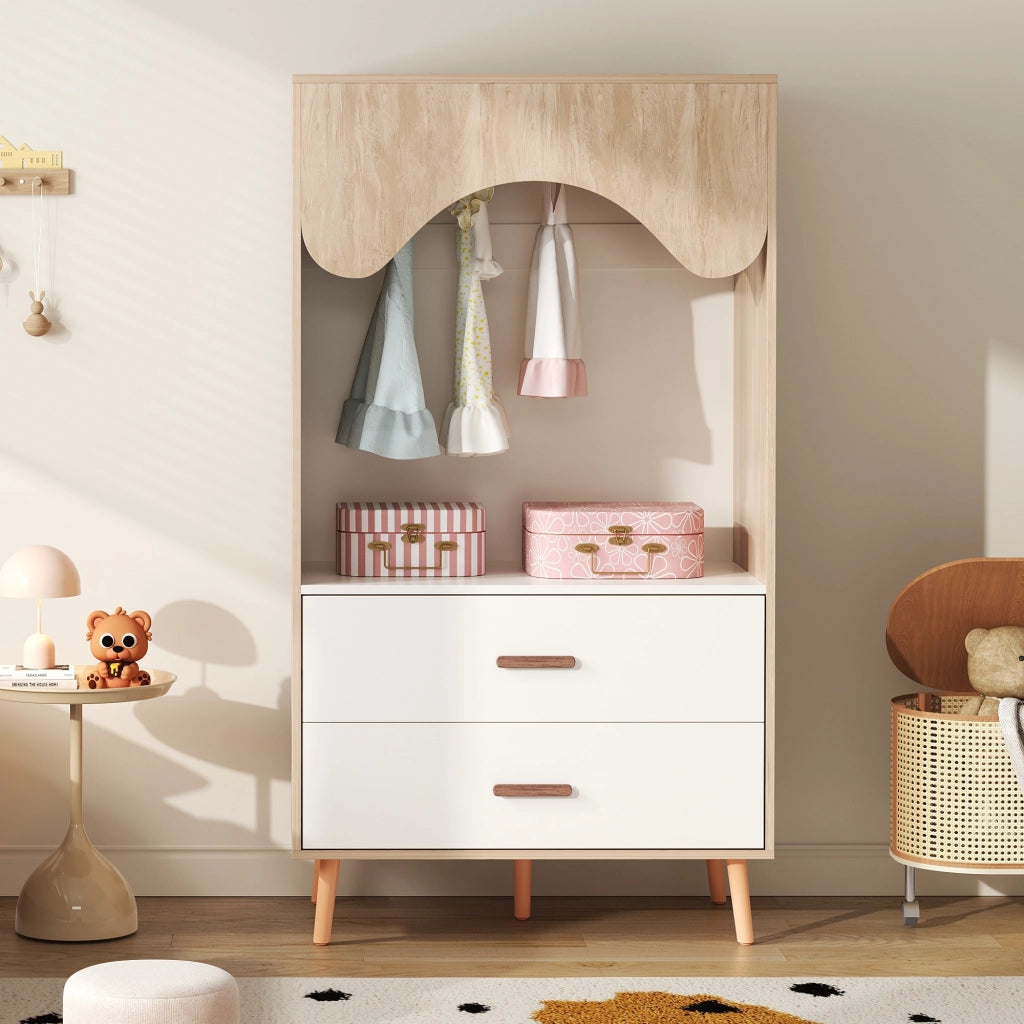 Armadio aperto con asta appendiabiti e 2 cassetti in MDF, maniglie in legno massello, per camera da letto, 80 × 46 × 141,5 cm