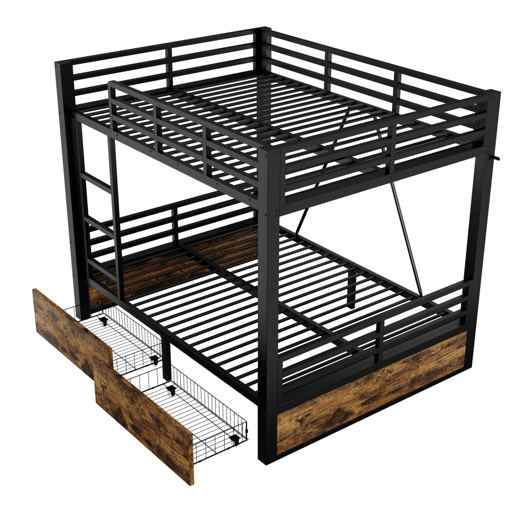 Letto a castello matrimoniale 140 × 200 cm con cassetti, scala e barriere di sicurezza, senza materasso, nero