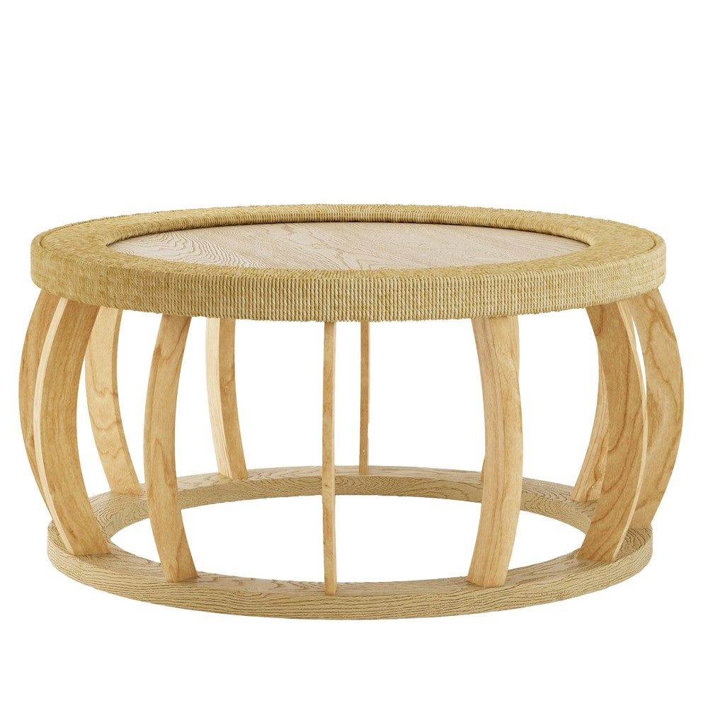 Tavolino da Caff¨¨ Rotondo in Legno Massello e Rattan ¨C MINIMAL ¨C Naturale, Gambe Curve
