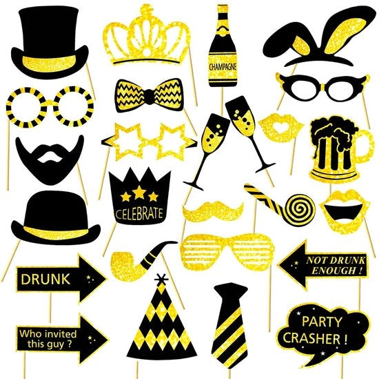 Kit di accessori decorativi per party e foto - 26 pezzi - decorazioni divertenti in oro - accessori per foto per matrimoni e compleanni - ideale per feste
