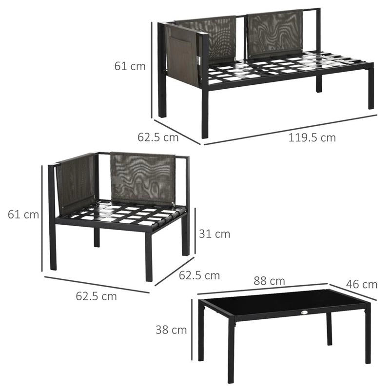 SET DA GIARDINO CON DIVANO, POLTRONA E TAVOLINO DA CAFFÈ IN VETRO GRIGIO
