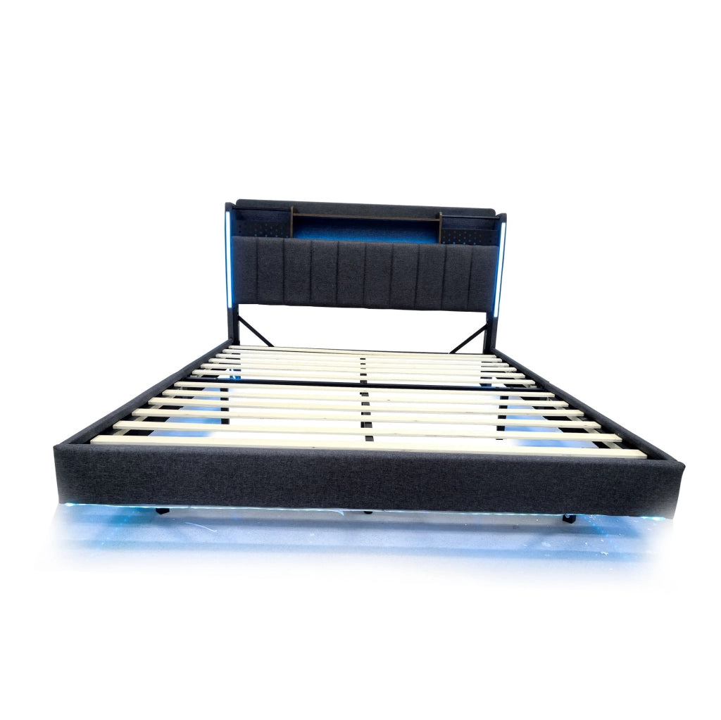 Letto imbottito 140x200 cm con USB e LED; lino; grigio (Senza materasso)