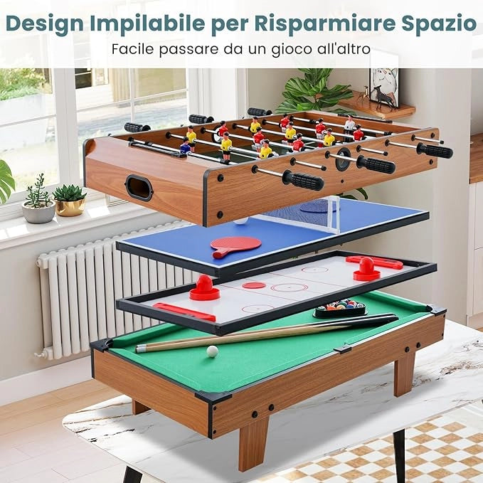 Tavolo Multigioco Gioco Multifunzione 4 in 1- Calcio Balilla, Biliardo, Ping Pong, Hockey, per Adulti e Bambini