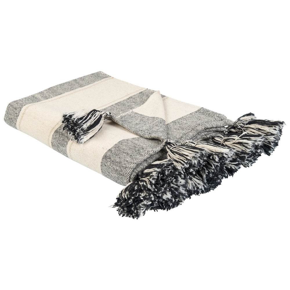 Coperta Beige Cotone 130 x 170 cm Accessorio a righe con frange decorative Fatto a mano